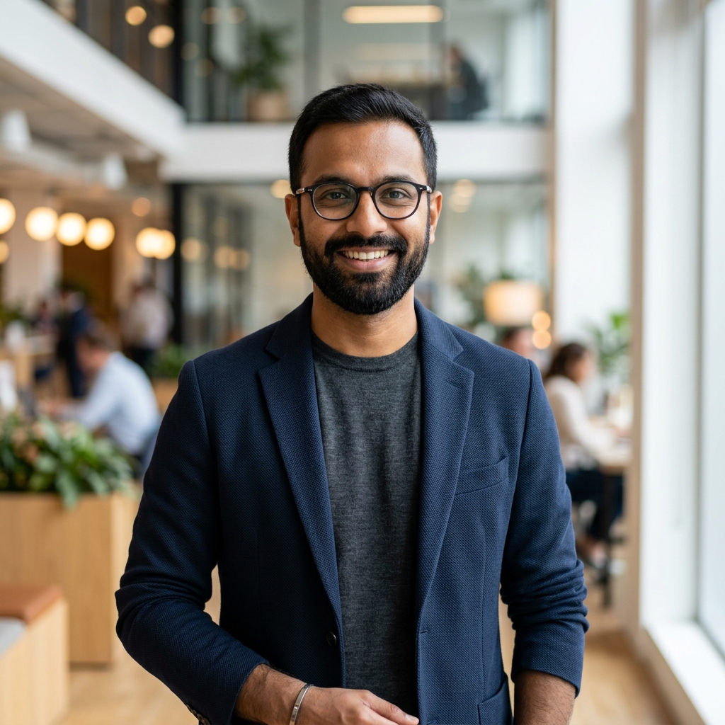 Smiling business leader in a suit—relaxed GCC or company sponsor energy once the India workspace plan is under control.